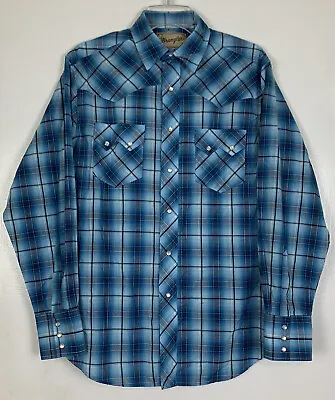 WRANGLER Western Shirt Men’s M Pearl Snap Button Up Saw Tooth Blue Plaid • $11.99