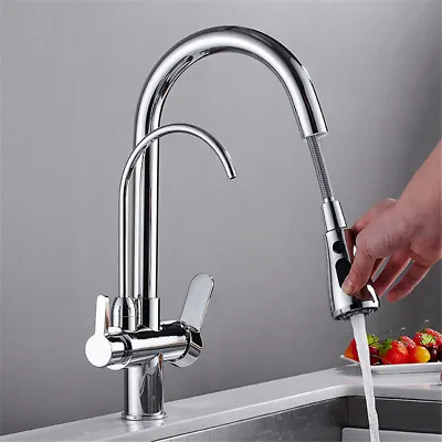 3 Way Water Filter Tap Kitchen Drinking Sink Mixer Taps With Pull Out Sprayer • £59