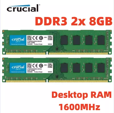 Crucial 16GB (2x 8GB) Kit DDR3 1600MHz PC3-12800 UDIMM Desktop 240-Pin CL11 RAM • $22.55