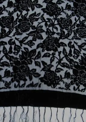 Black Velvet Fringed Scarf Shawl Wrap Rose Floral Flower Burnout Design #1030 • $14.99