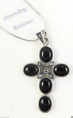 NEW Cross Pendant Onyx Marcasite .925 Sterling Silver • $9.99