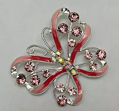 Vintage Crystal Rhinestone Butterfly Brooch Pin Pink Enamel Insect Bug AB Glass • $11.49