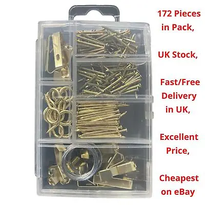 172 X Picture Hanging Kit Brass Nail Wire Set Wall Art Photo Frame Hooks Mirror  • £3.99