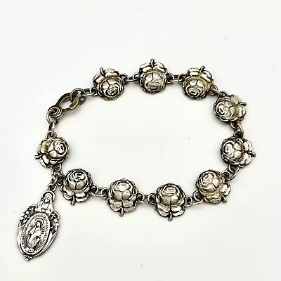 Vintage Sterling Silver Rose Link Rosary Mary Catholic Prayer Bracelet Saints • $65