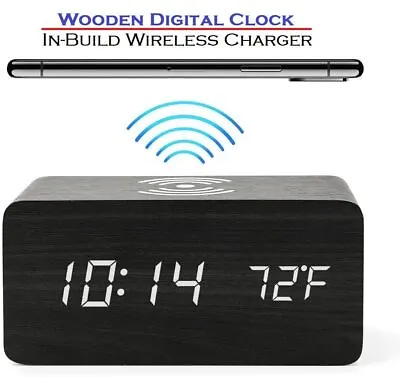New Wooden Wood Digital LED Desk Alarm Clock Thermometer Wireless Charger • $19.99