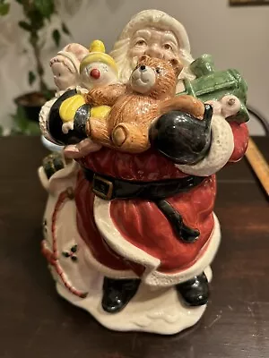 FITZ AND FLOYD Christmas Quilt COOKIE JAR Sleeping Santa 1988 - Nice 10.5” • $55.30