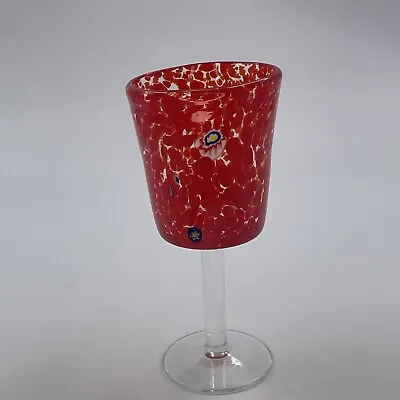 Red Murano Style Millefiore Art Glass Goblet Handblown Glass A-Symmetrical Rim • $29.99