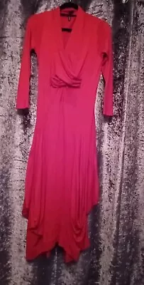 Yong Kim Red Long Dress With Full Drape Hemline  V Neck & Long Sleeves Size 12 • £19.99