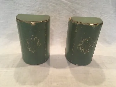 Vintage Mid Century Modern Art Deco Green Faux Leather Bookends W Gold Trim. • $18