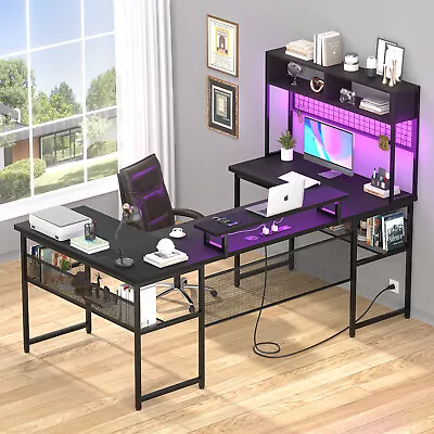 83  Reversible L Shaped Desk Computer Desk With Power Outlet & LED Strip & Hutch • $279.99