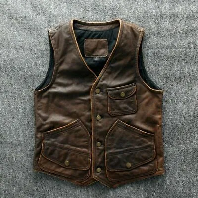 Mens Real Leather Motorcycle Vest Tan Brown Leather Biker Vest • £22