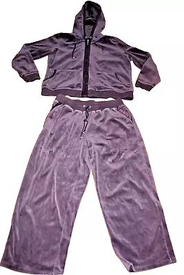 Liz Claiborne Velour Track Suit 2 Piece Set Purple Sating Trim Zip Hoodie M Pet • $29.95