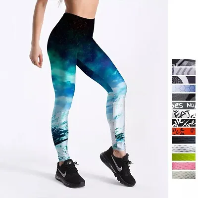 Womens Printed Leggings Ladies Gym Pants Sports Running Yoga Galaxy Blue Fitness • £14.99