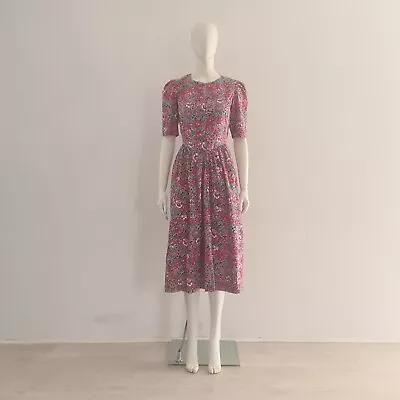 VTG Laura Ashley Dress UK 10 12 EU 40 42 Green Red Floral Tea Swing Midi 1980's • £74.99