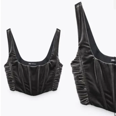 $18 • Buy Zara Womens Dark Gray Velvet Gathered Corset Crop Top Size XS