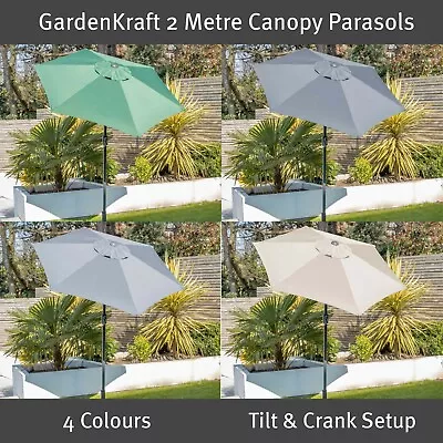 GardenKraft 2m Outdoor Garden Parasols / Tilt & Crank Mechanism / 6 Steel Ribs • £32.99