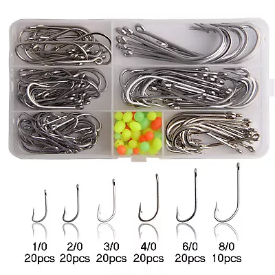 60/130Pcs Stainless Steel Fishing Hook Kit Saltwater Long Shank FishHook 1/0-8/0 • $35.19