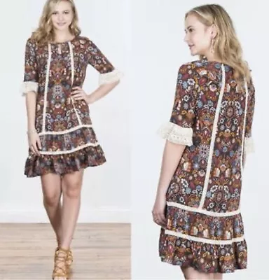 Matilda Jane Small Make Believe Intermission Floral Print Brown Dress Cp2009 • £15.66