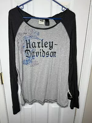 Harley Davidson Gray Long Sleeve  Rhinestone Logo T-Shirt Women's Size 2XL • $15