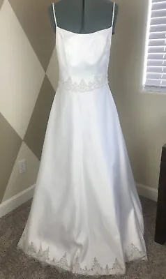 Mori Lee Wedding Dress Gown Sz 10 White Satin Beaded Spaghetti Strap Hem Details • $99.99