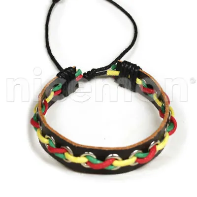Rasta Black Leather Bracelet Wrist Band Hippie Hawaii Dub Ras Reggae Marley RGY • $9.99