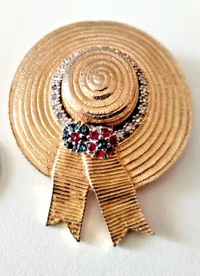 Ciner Gold Tone Multicolor & Clear Rhinestone Straw Hat PIN Brooch Vintage Jewel • $72