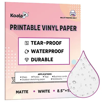 Koala Waterproof Printer Paper 8.5x11 Matte White Inkjet Printable Vinyl 30 Pk • $8.99