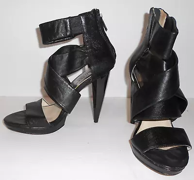 Michael Kors Blk Leather Hi-heel Open Toe Strapped Zipper Back Shoes Women 7.5m • $14.99