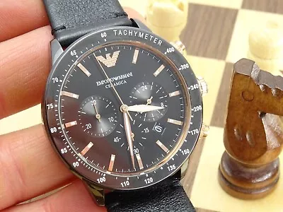 EMPORIO ARMANI Ceramica 42mm Man's Black Dial Chronograph Wristwatch AR-70002 • $21.46