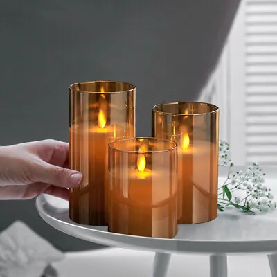 £15.95 • Buy 3 LED Candles Set With Remote Control Timer Flameless Flickering Gold Glass Wax