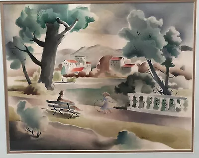 Vintage MCM Benjamin Jorj Harris - Airbrush Watercolor Painting - Park Scene • $295