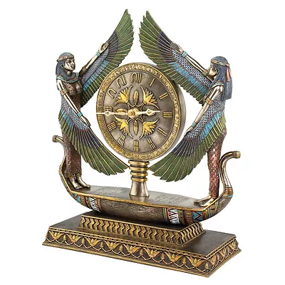 Hieroglyphic Numeral Double Winged Isis Goddess Egyptian Barge Desk Mantle Clock • $271.37