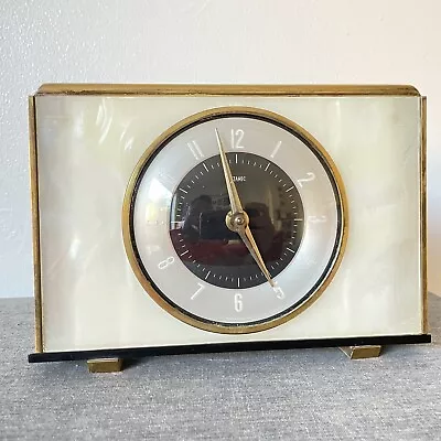 Vintage Metamec Brass & Faux Marble  Wind Up Mantel Clock Winds And Work 21x15cm • £25