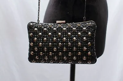 Zara Woman Black Hard Shell Clutch Jeweled Studded Chain Strap • $37.95