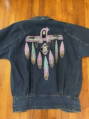 Vtg Apache Denim Blazer W/ Tapered Cuffs Painted Purple Feathers South Western M • $65