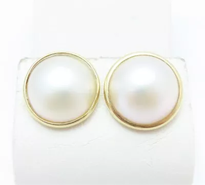 14K Yellow Gold ~15MM Round Mabe Pearl Stud Earrings • $115