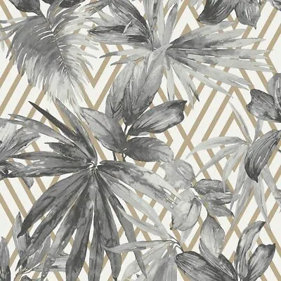 Grandeco Forage Geometric Wallpaper Gold Grey White Leaf Floral Jungle A49702 • £10.49