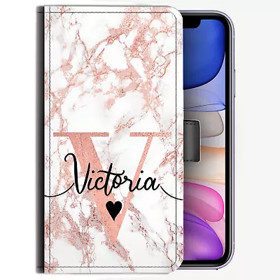 Personalised Pink Initial Phone Case;Heart Peach Marble PU Leather Flip Cover • $54.11