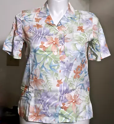 Vintage Alfred Dunner Petite Size 8 Pastel Tropical Flower S/S Rayon Blouse • $3.50