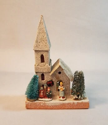 $29.99 • Buy Vintage Putz Church W/Steeple CHRISTMAS Cardboard And People Mica Glitter Japan