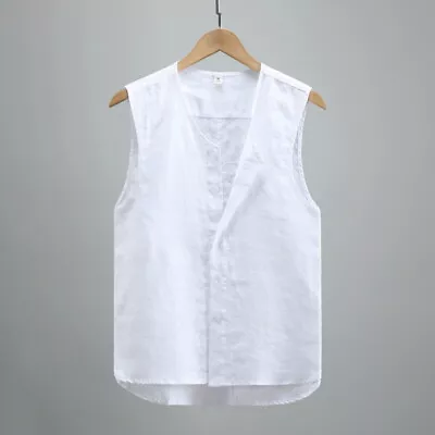 New Mens Linen Waistcoat Plain Chinese Vest Tops Sleeveless Jacket Casual Summer • $29.76