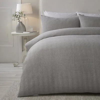 Silver Lindly Washed Effect Waffle Weave Textured Duvet Cover Quilt Cover Set • £20.99