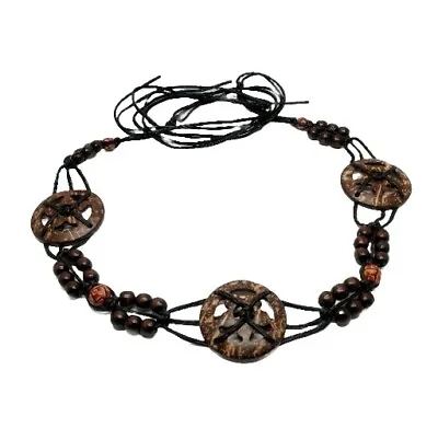 Women's Vintage Brown Macrame Coconut Shell Wood Bead Woven Tie Waist Belt OSFM • $15.99