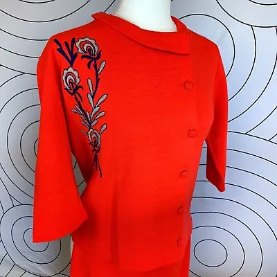 Vintage 60s Sofstar Knitwear Jacket Pencil Skirt Set CORAL Embroidery Mad Men • $79