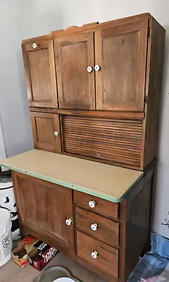 ANTIQUE HOOSIER CABINET By  MARSH  W/PORCELIRON SLIDE OUT COUNTER • $500