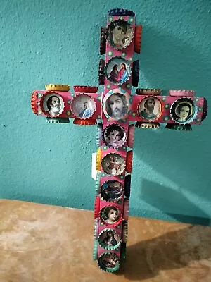 Mexican Bottlecap Wooden Cross Catholic Saints Jesus Folk Art 12 X8  Mexico  • $68