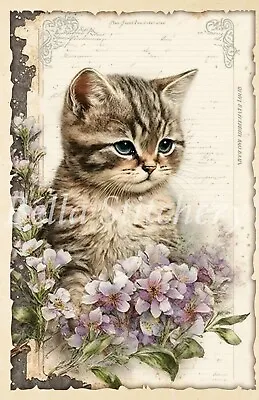Vintage Flower Kitty Cat Ephemera Collage #3 Craft Sewing Cotton Fabric Block • $14.80