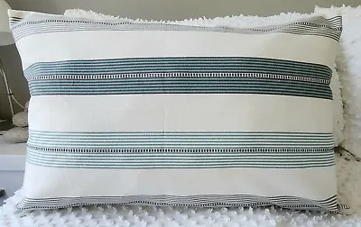 Handmade Cotton Sage Green And Teal Striped Fabric Cushion Cover 60x40  • $30