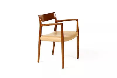 Danish Modern Mid Century Teak Dining Armchair — JL Moller Model 57 Tan Leather • $1695