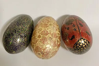 Lot Of 3 Wood Easter Eggs Decorative Eggs Wrapped Wood Eggs Shiny Egg • $5.99